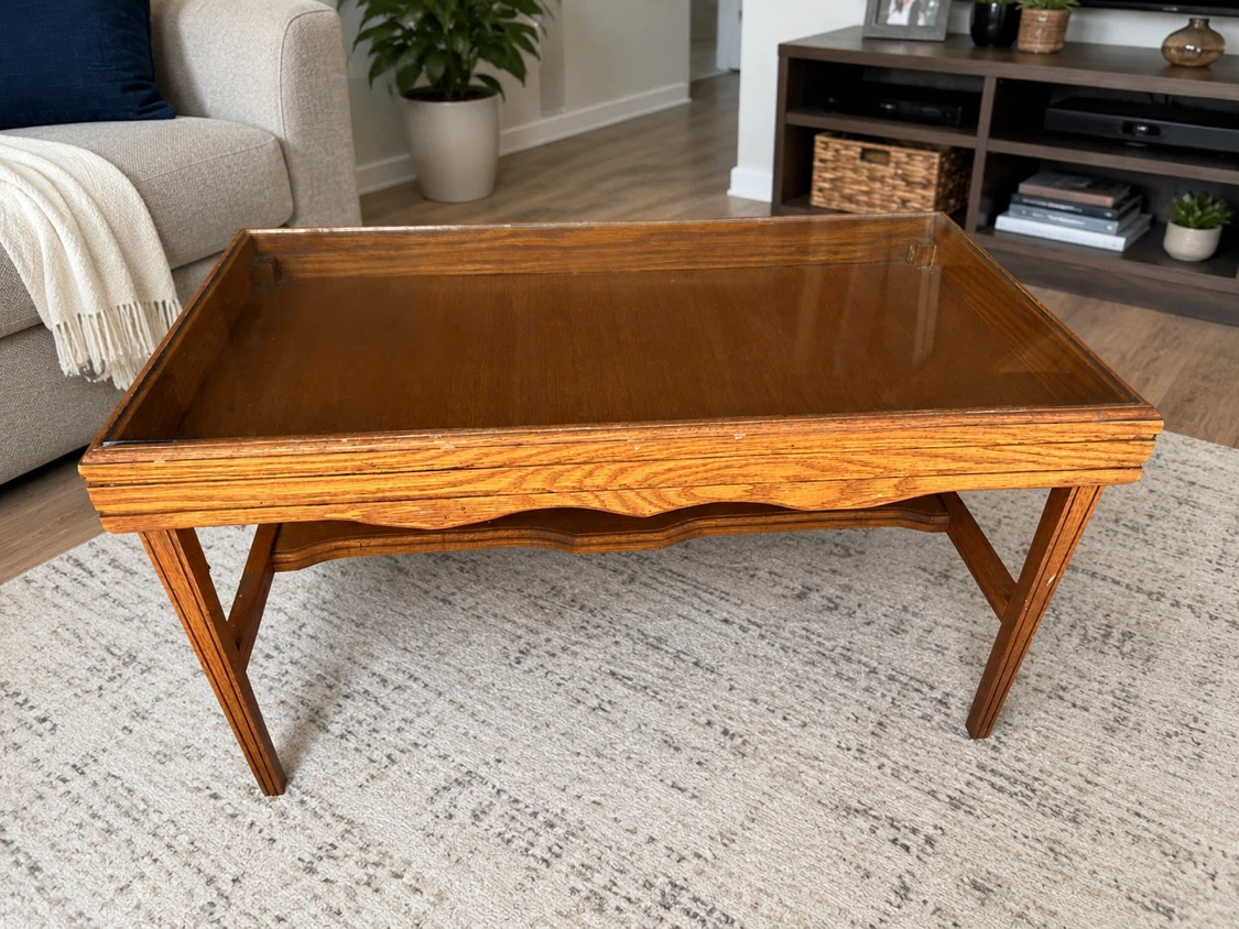 Vintage Oak Serving Tray Table with Glass Top