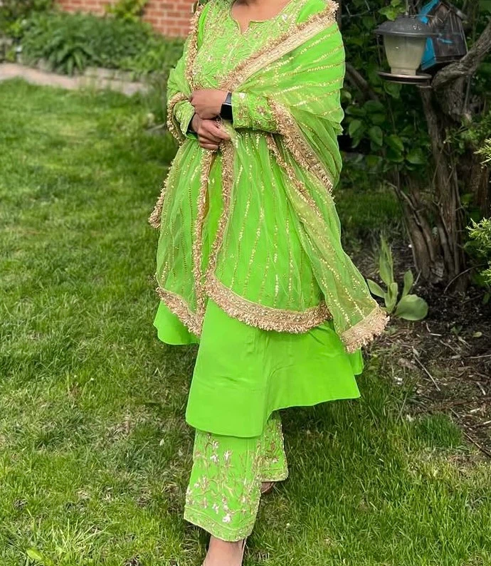Lime Green Embroidered Punjabi Suit with palazzo