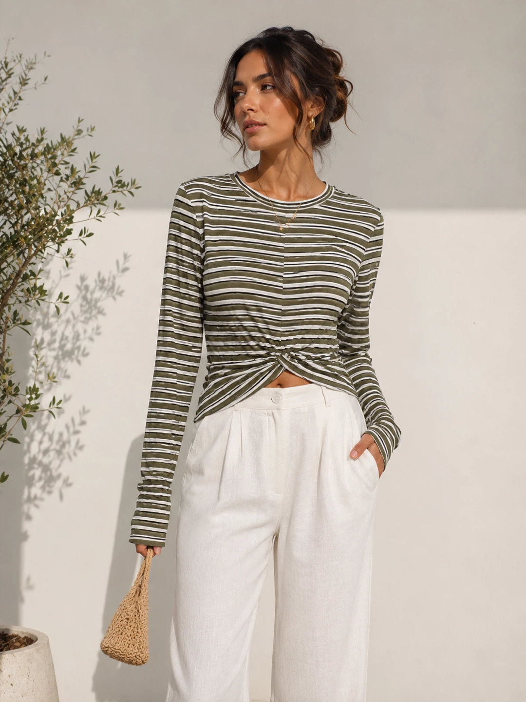 Striped Twist Front Long Sleeve Top - Small - photo 2