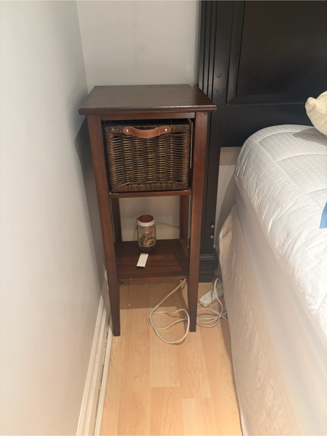 Wooden Bedside Table with Wicker Basket
