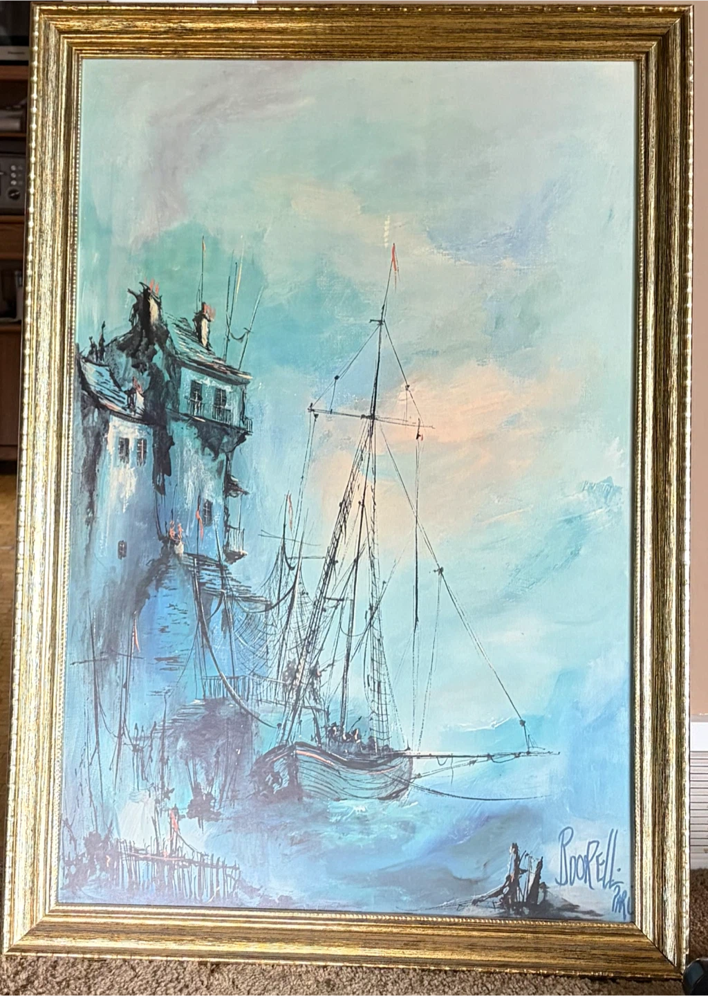 Oil Painting - Sailboat at Sea by P. Borelli