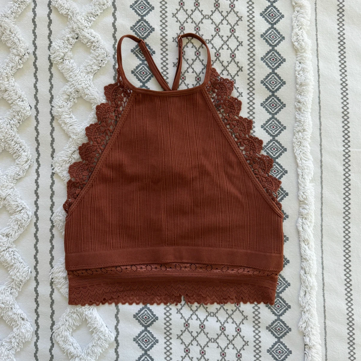 Brown Ribbed Lace Trim Halter Bralette - photo 2