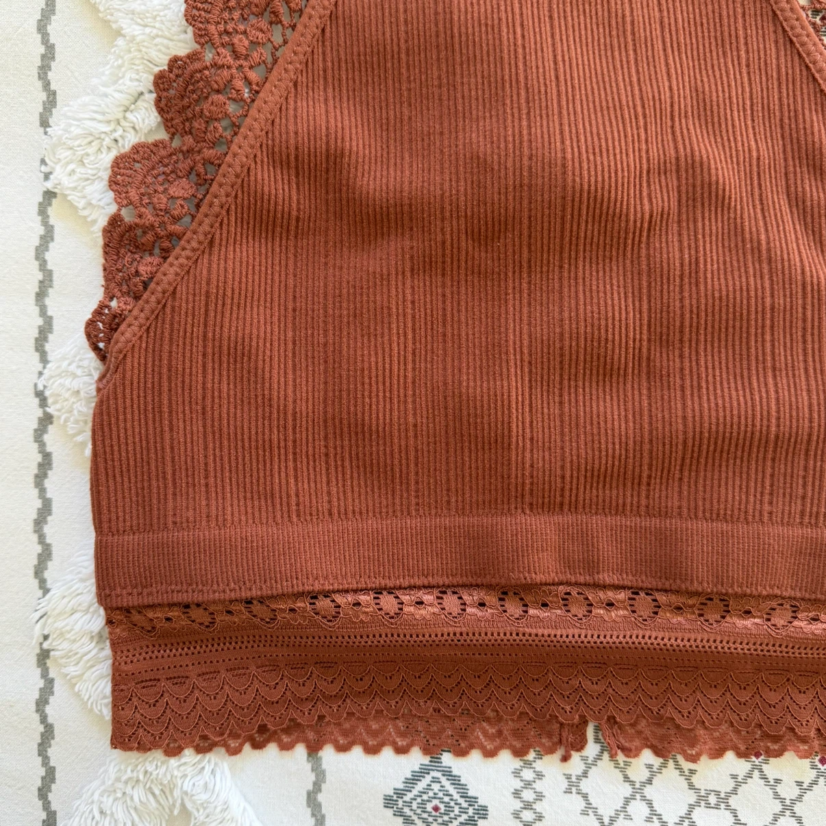 Brown Ribbed Lace Trim Halter Bralette - photo 3