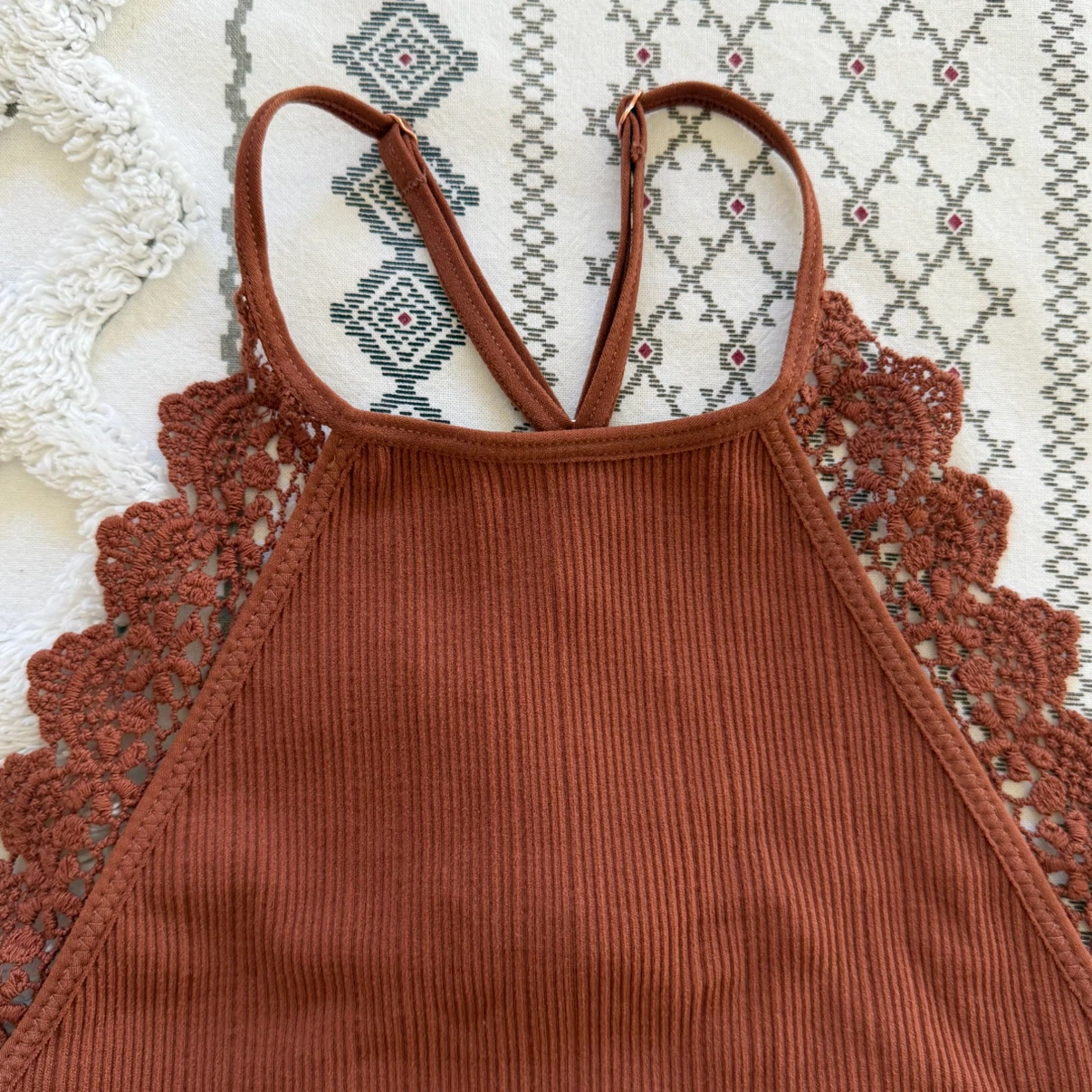 Brown Ribbed Lace Trim Halter Bralette - photo 4