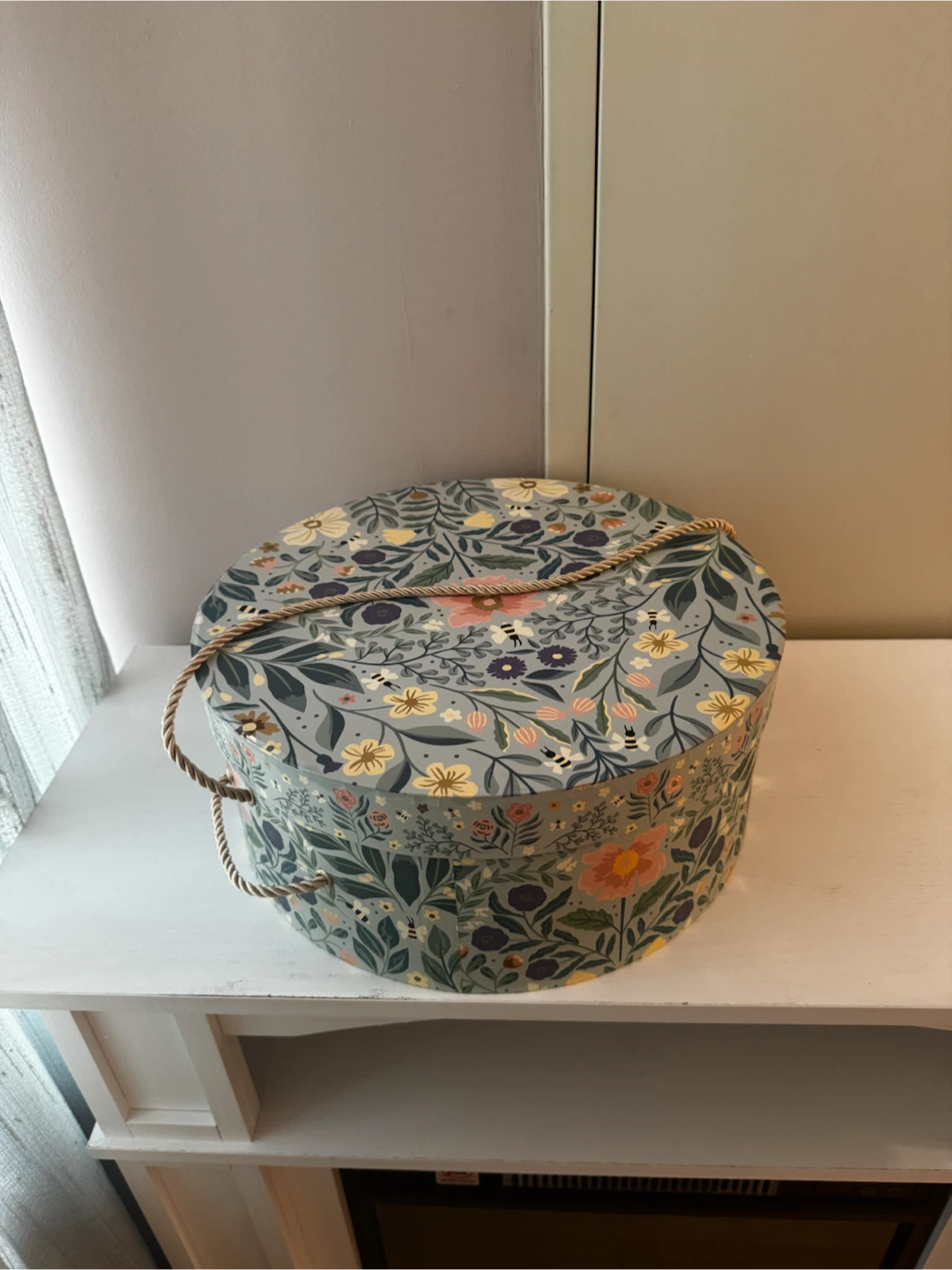 Round Floral Storage Box with Rope Handles