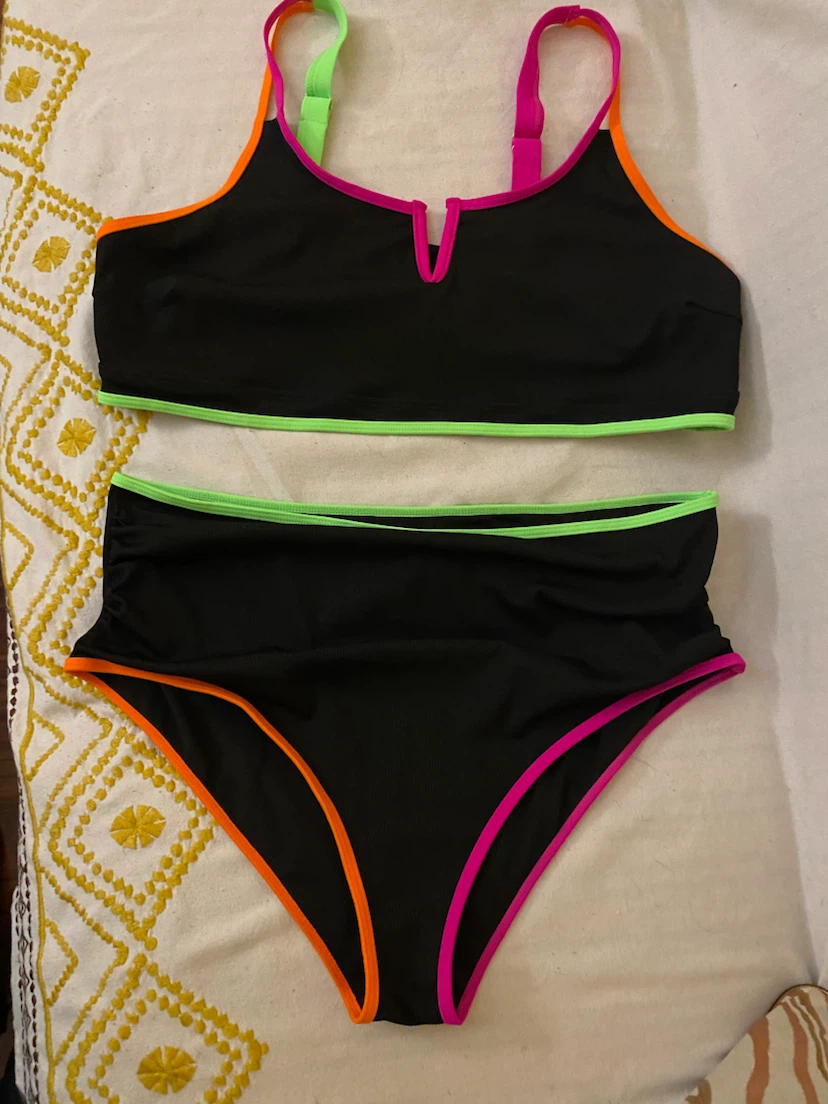 Black high-waisted bikini set with neon trim