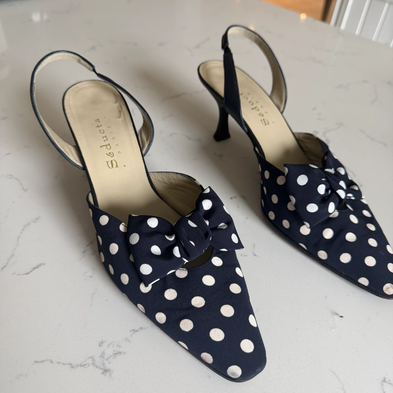 Navy Polka Dot Slingback Heels + Matching Handbag