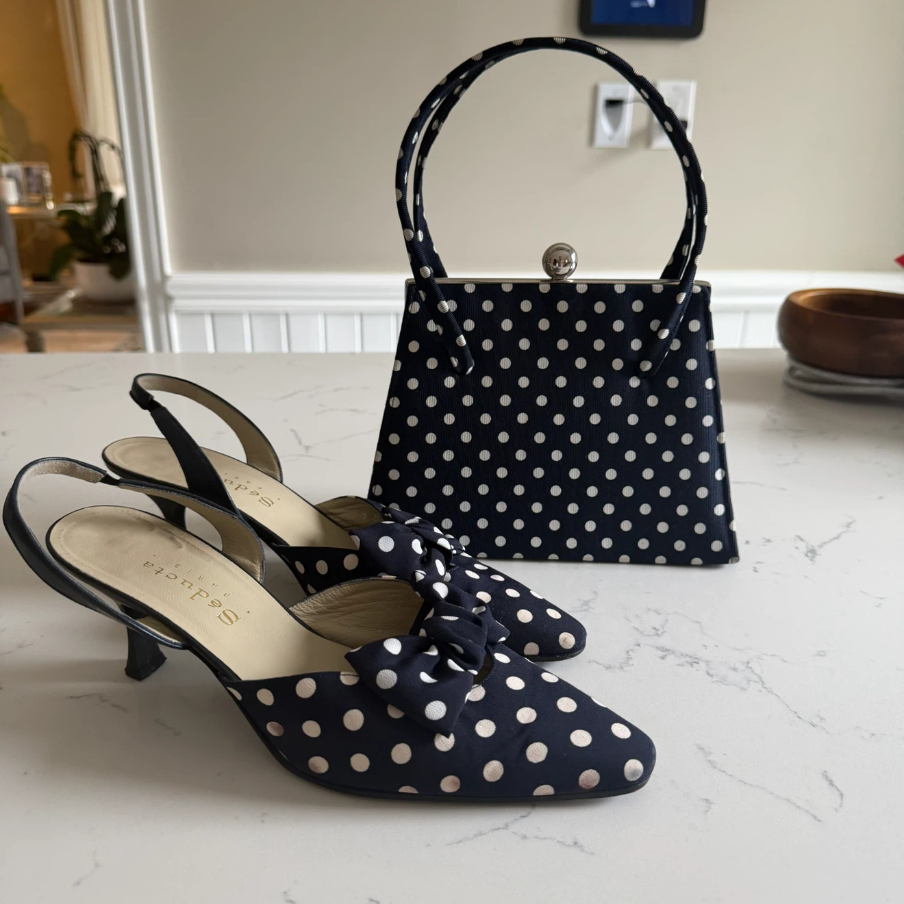 Navy Polka Dot Slingback Heels + Matching Handbag - photo 5