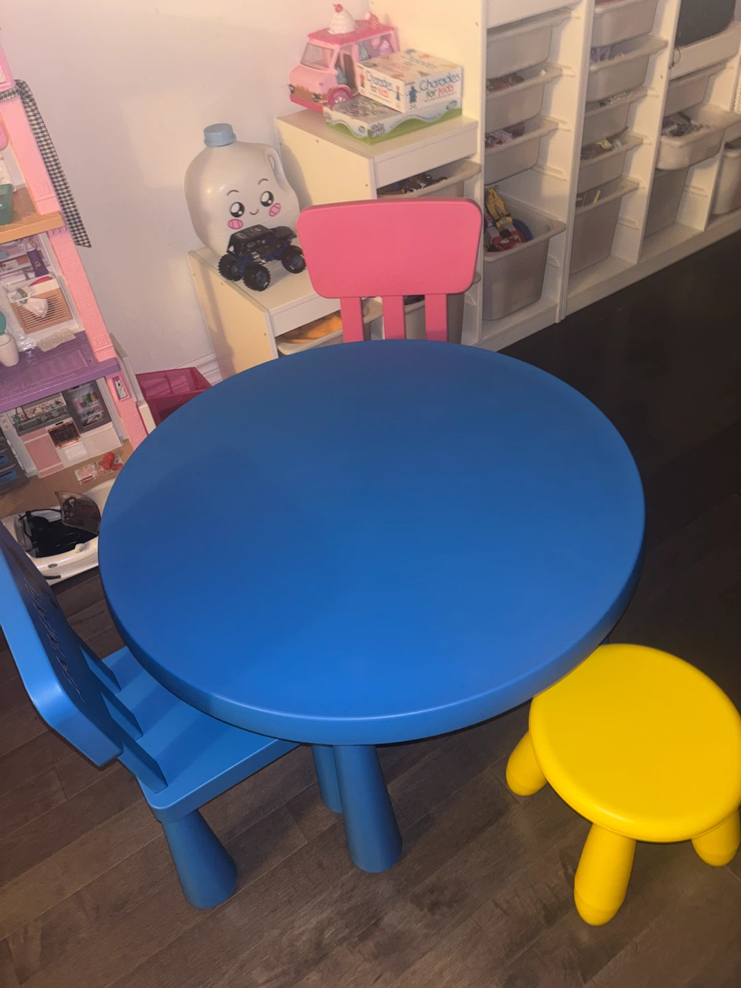 Blue Round Kids Table with Blue Chairs and Yellow Stool