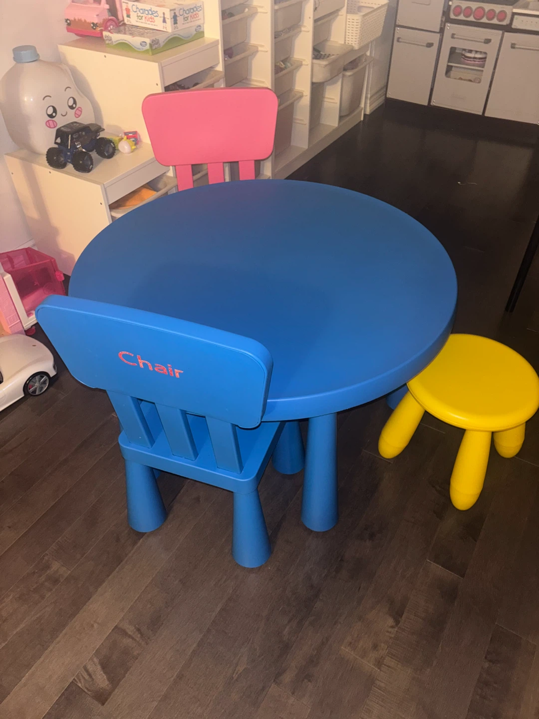Blue Round Kids Table with Blue Chairs and Yellow Stool - photo 3