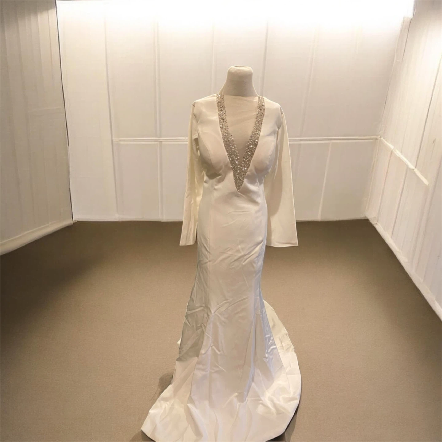 White Long Sleeve Wedding Dress with Embellished Neckline