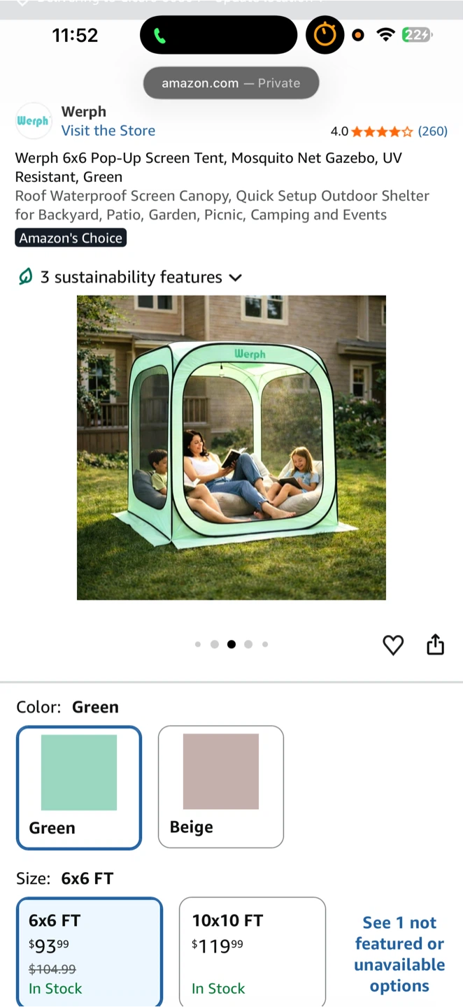 Werph 6x6 Pop-Up Screen Tent Mosquito Net Gazebo Green