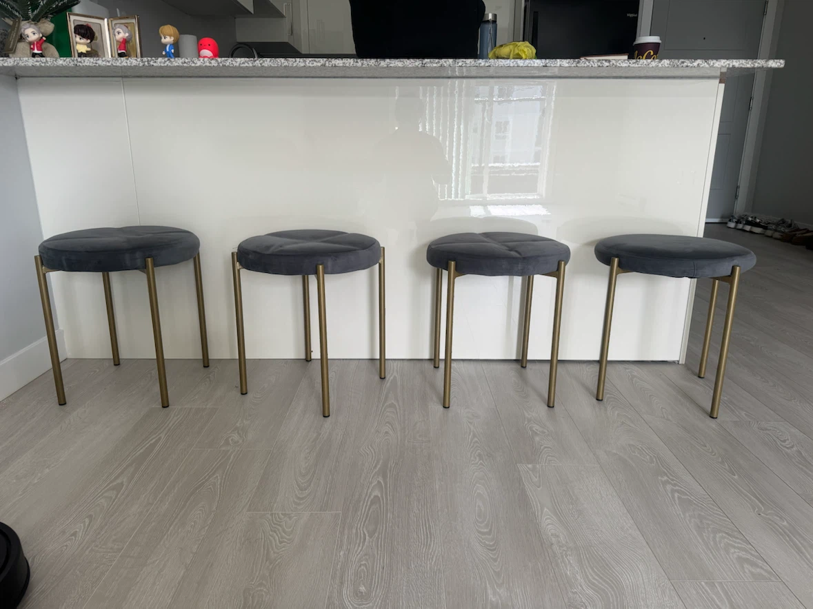 Set of 4 Dark Grey Velvet Stools with Gold Legs