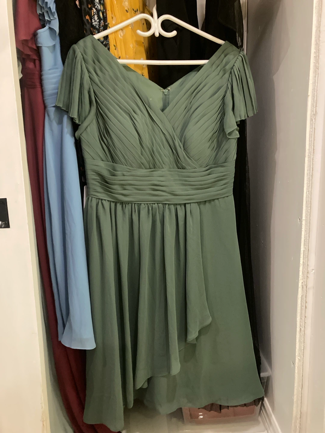Olive Green Chiffon Dress with Pleated Details