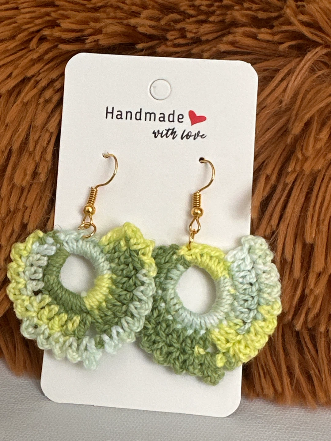 Handmade Crochet Heart Earrings Green Mix