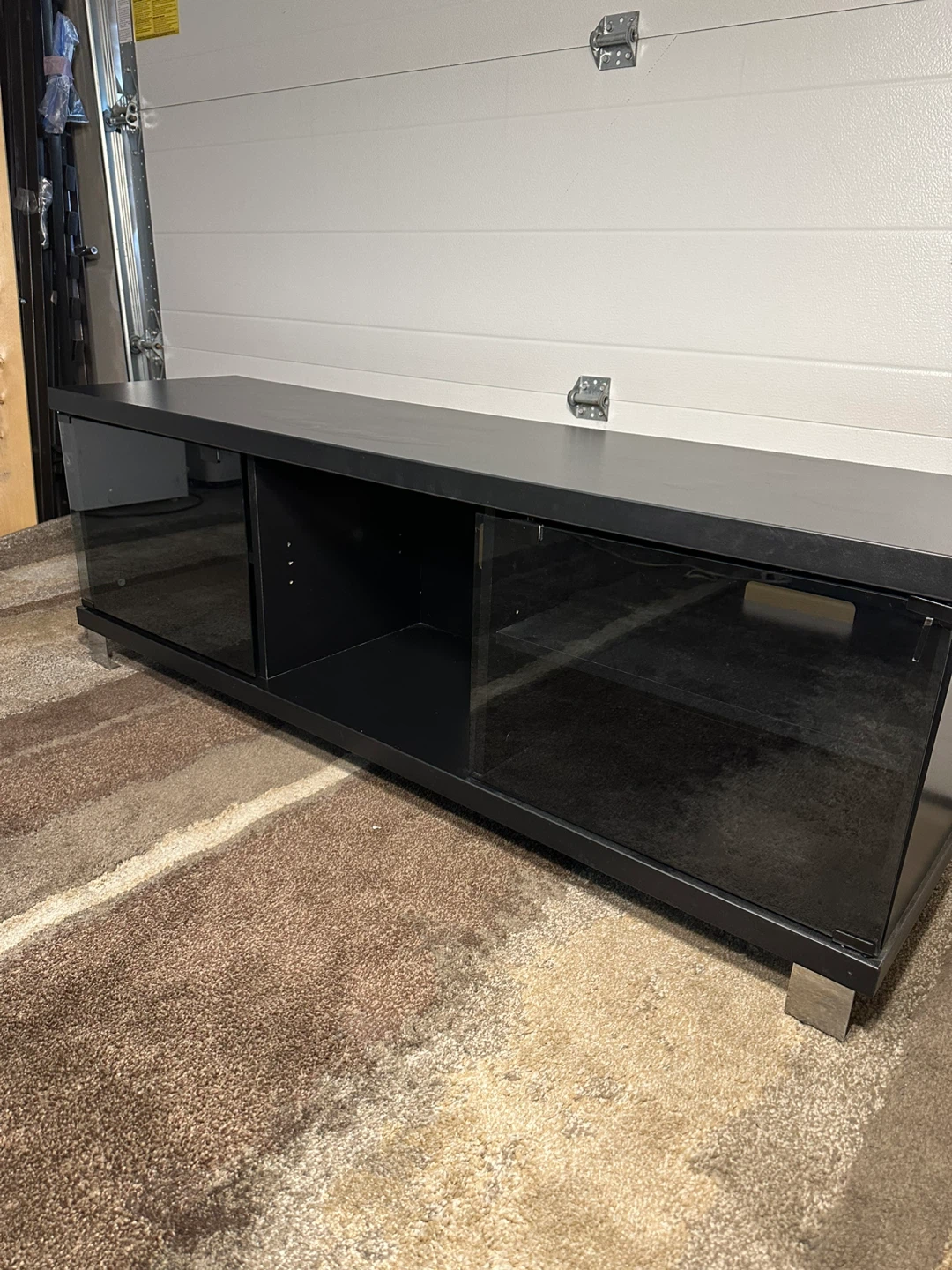 Modern Black TV Stand with Smoked Glass Doors – 59"