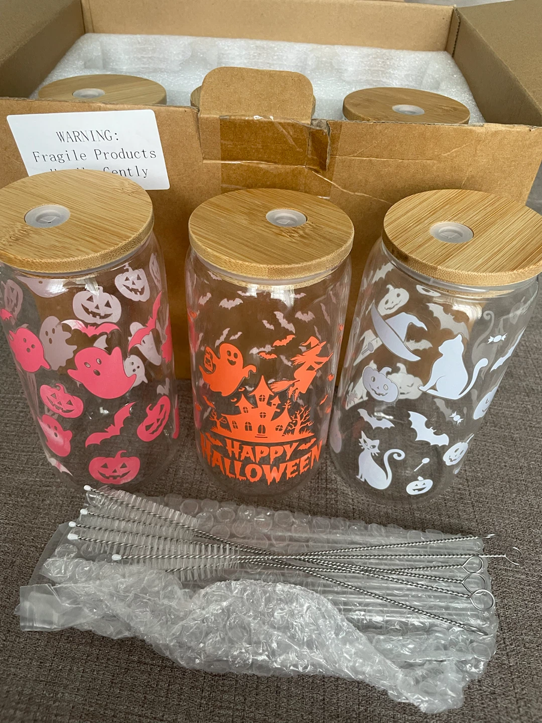 NEW! Set of 6 Halloween Glass Tumblers w Lids, Straws & Brushes