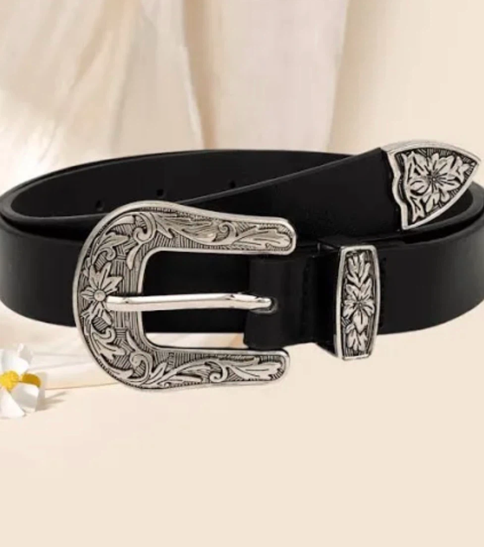 Black Western Style Belt with Silver Buckle