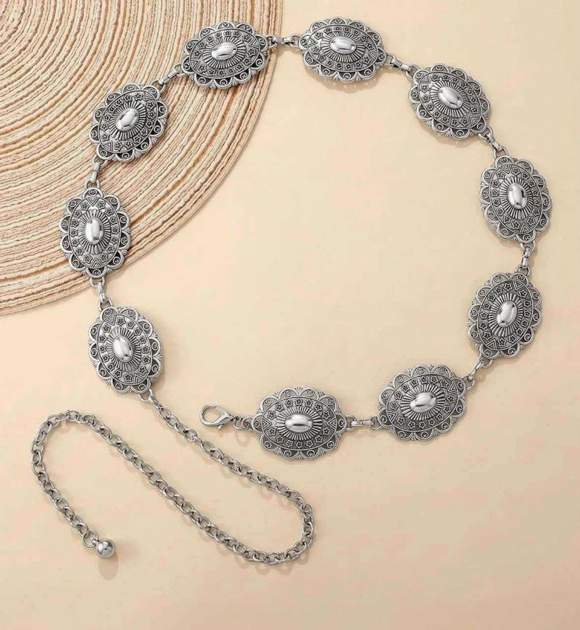 Silver Oval Medallion Chain Belt with Tassel