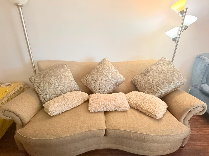 Beige 3-Seater Fabric Sofa with 6 Decorative Pillows