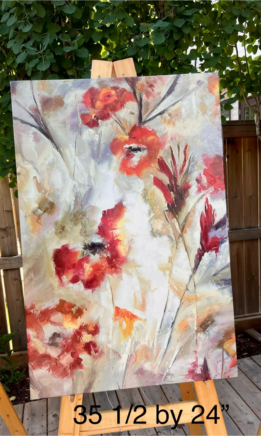 Abstract Red Floral Textured Acrylic Painting 35.5" x 24"