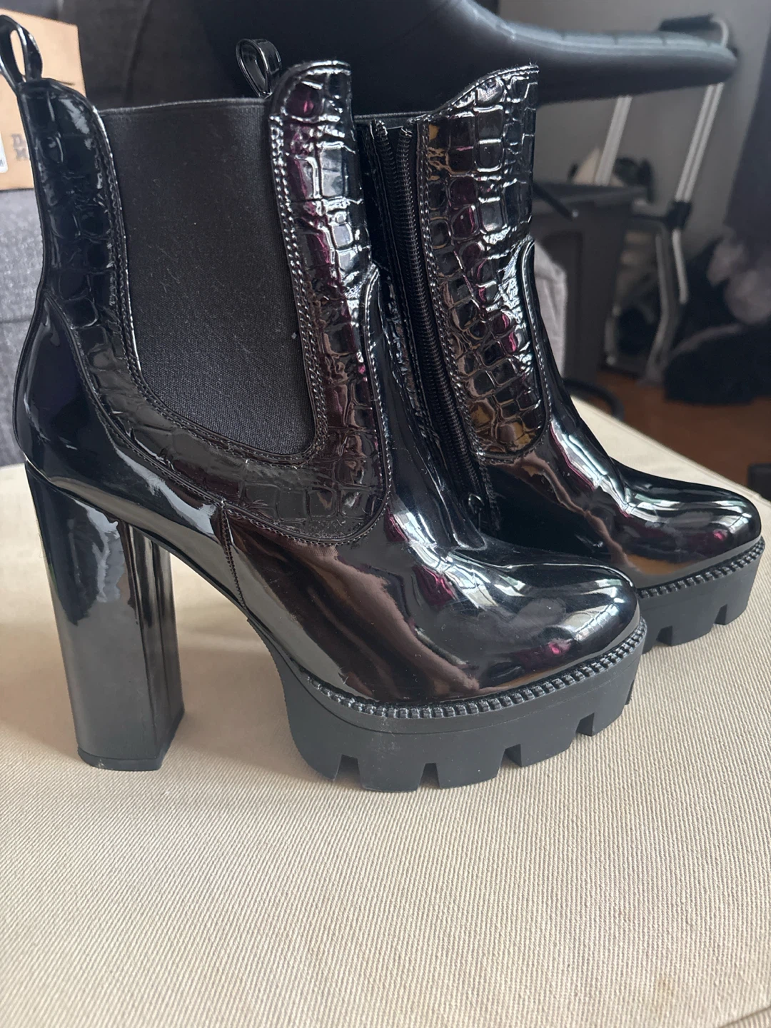 Black Patent Chunky Heel Boots