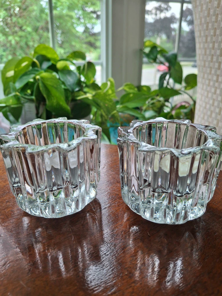 Pair of glass candle holders (for tea lights or tapers)