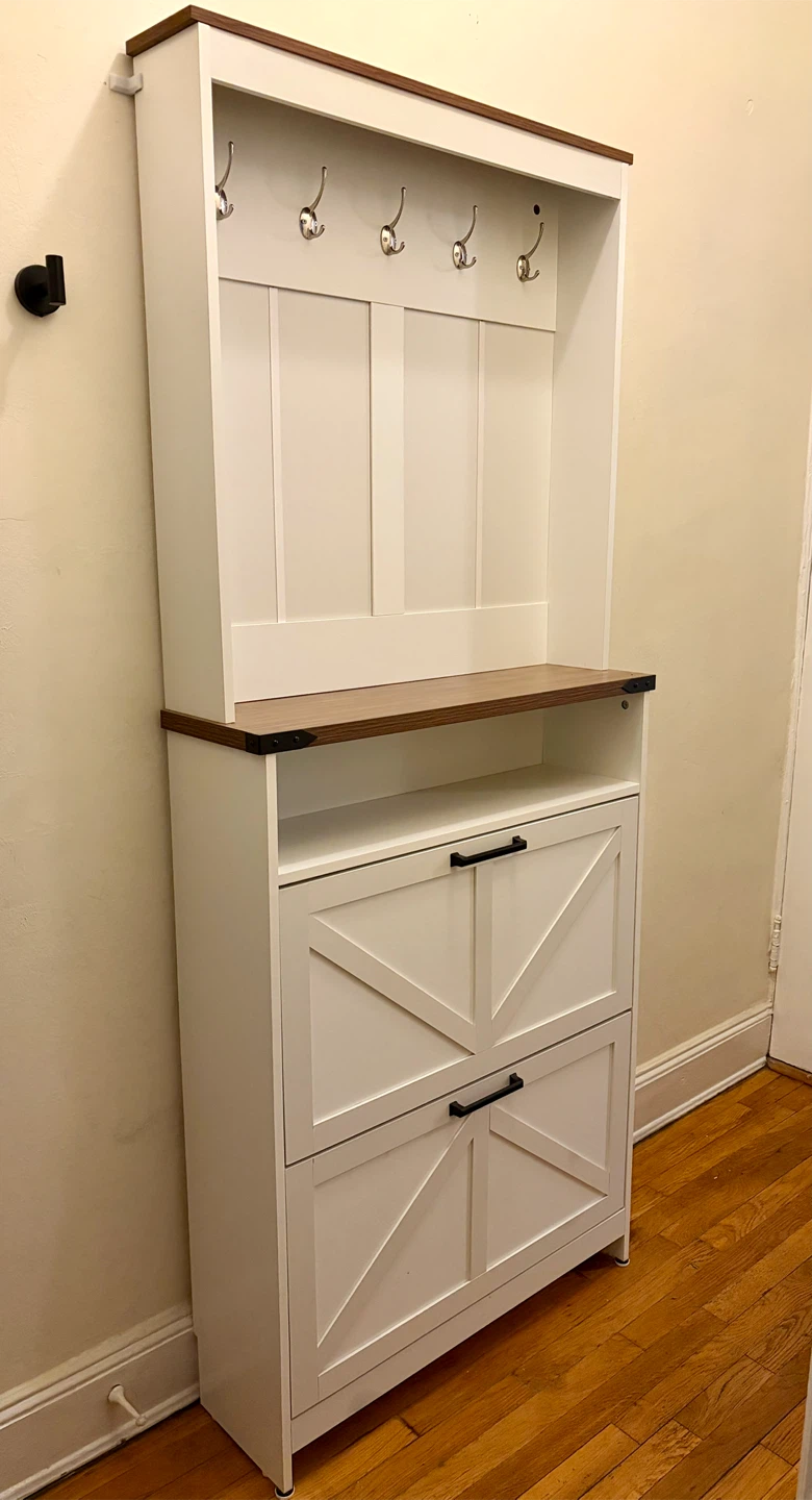 Tall Farmhouse Shoe Cabinet with Shelf and Hooks