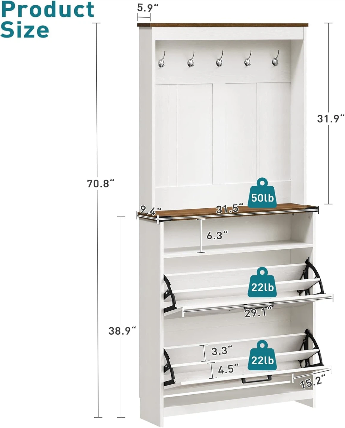 Tall Farmhouse Shoe Cabinet with Shelf and Hooks - photo 5