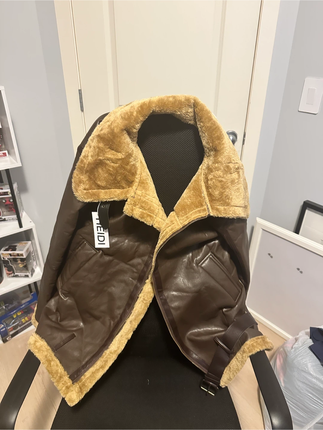 HEIDI Brown Faux Leather Shearling Aviator Jacket
