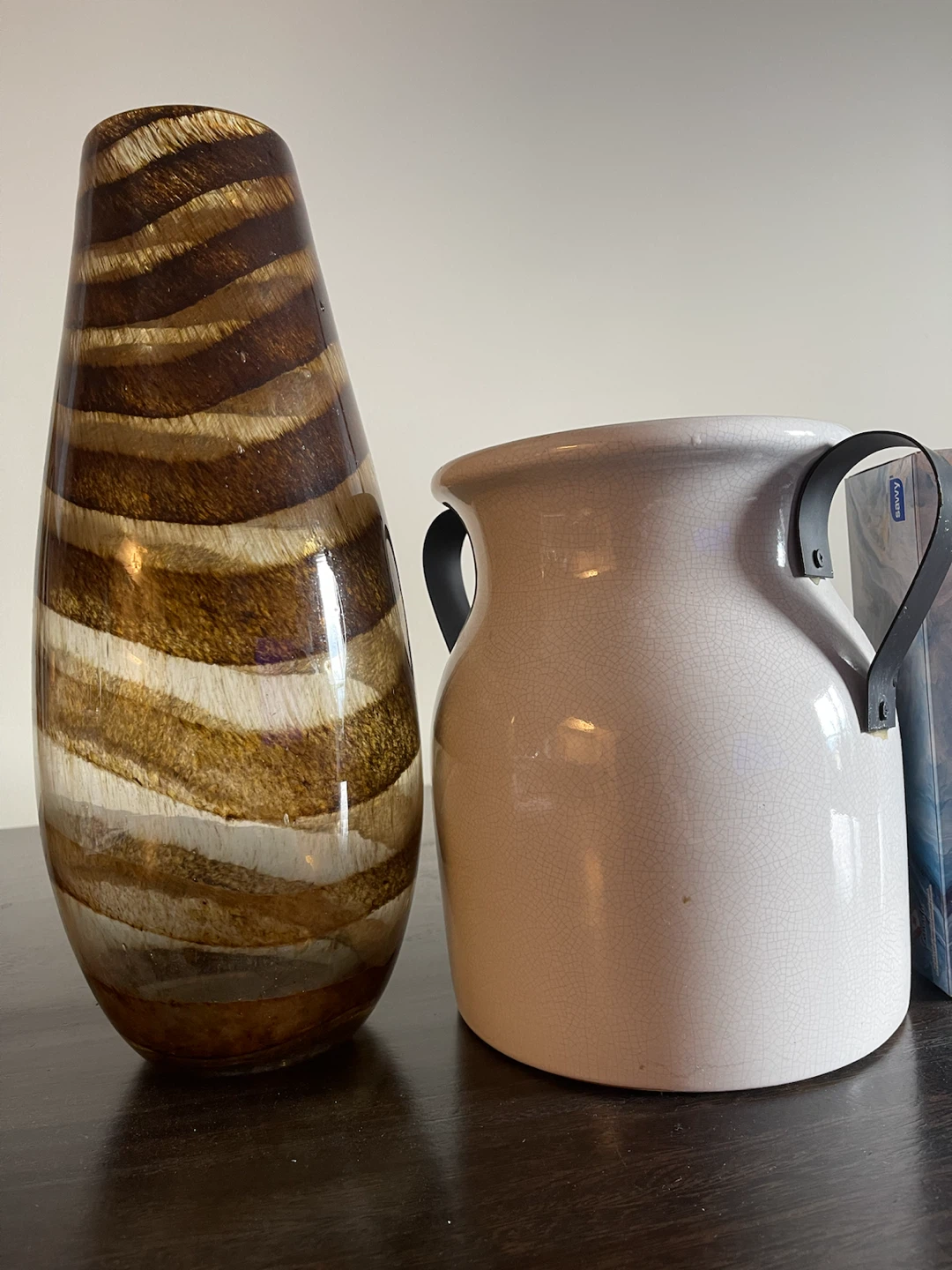 Set of 2 Vases: Swirl Glass and White Ceramic