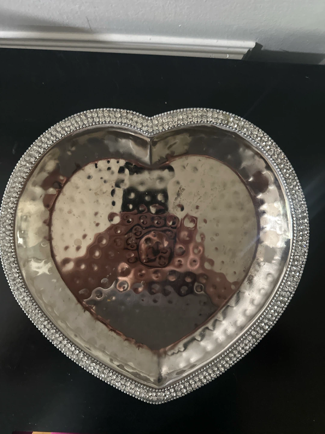 Heart Shaped Silver Tray with Rhinestones