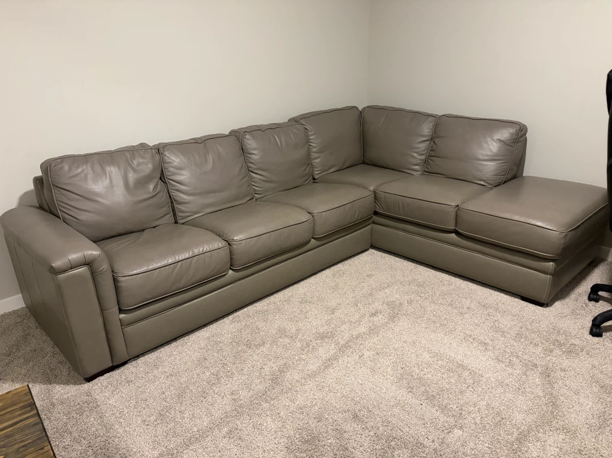 Grey Leather Sectional Sofa with Pull-Out Bed