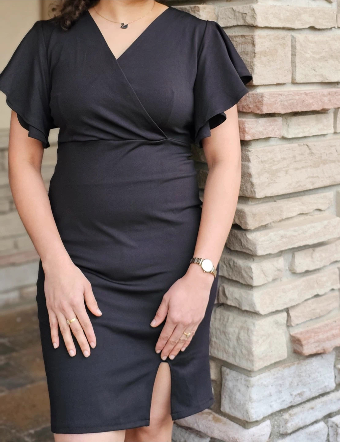Black Flutter Sleeve Wrap Dress