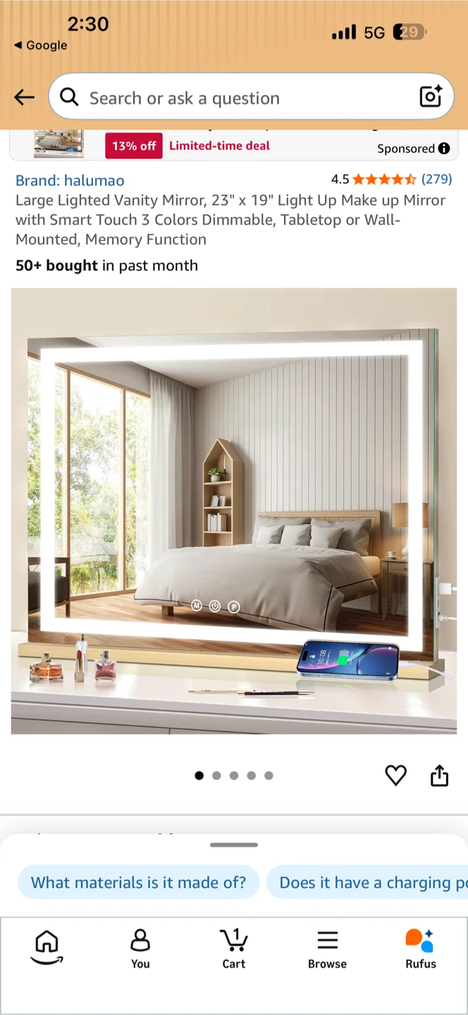 Halumao Large Lighted Vanity Mirror 23" x 19"