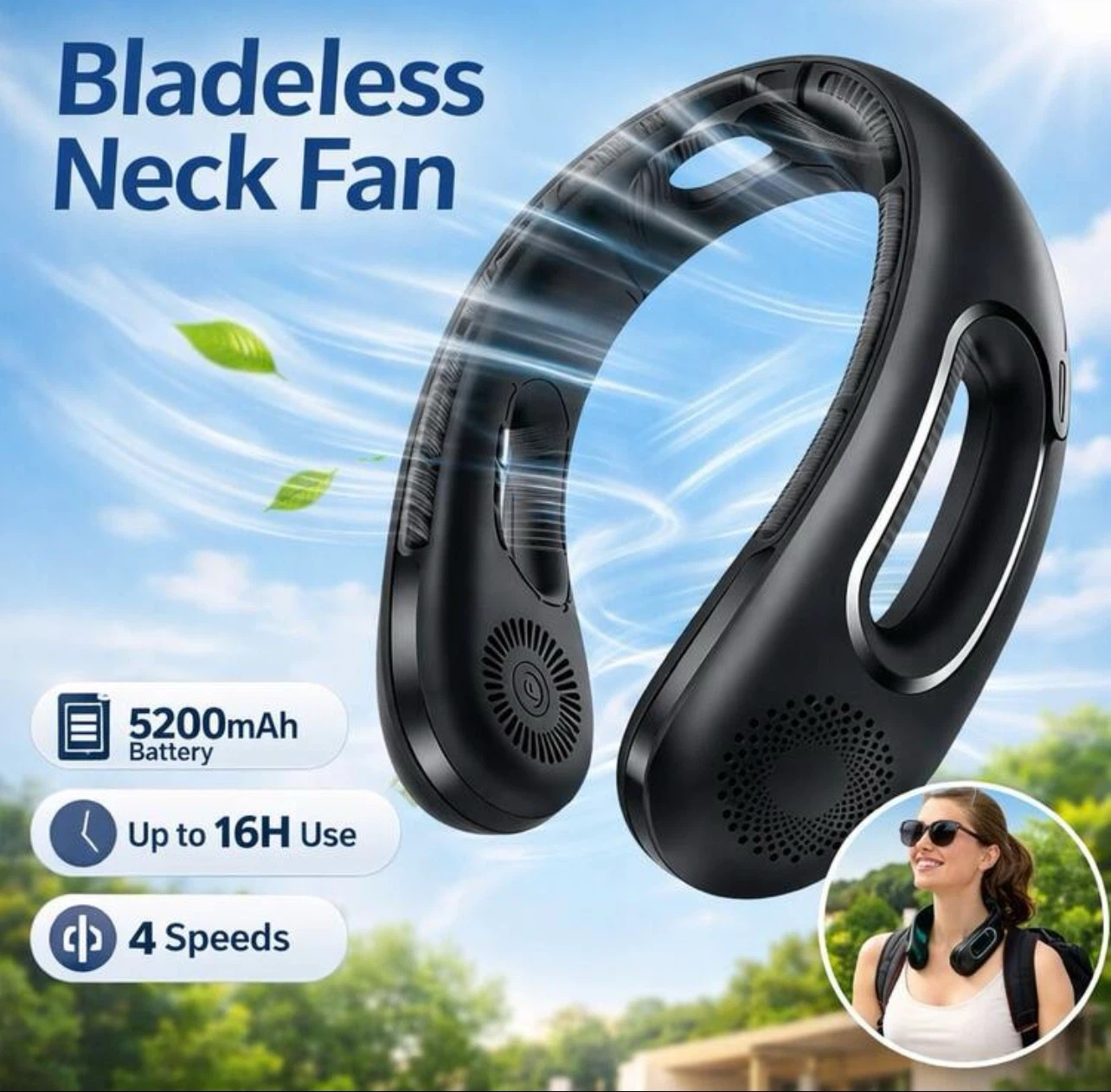 Bladeless Neck Fan with 5200mAh Battery - 16H Use