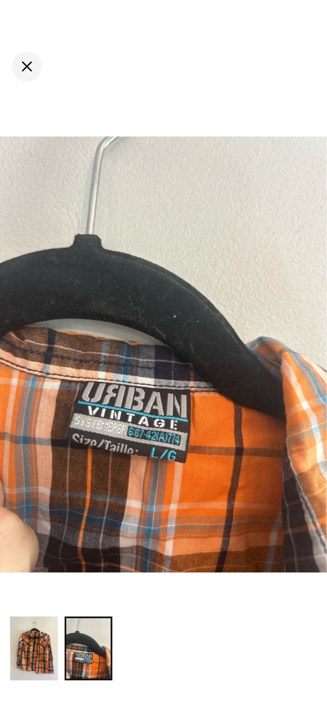URBAN VINTAGE Orange Plaid Long Sleeve Shirt - Size L/G - photo 2