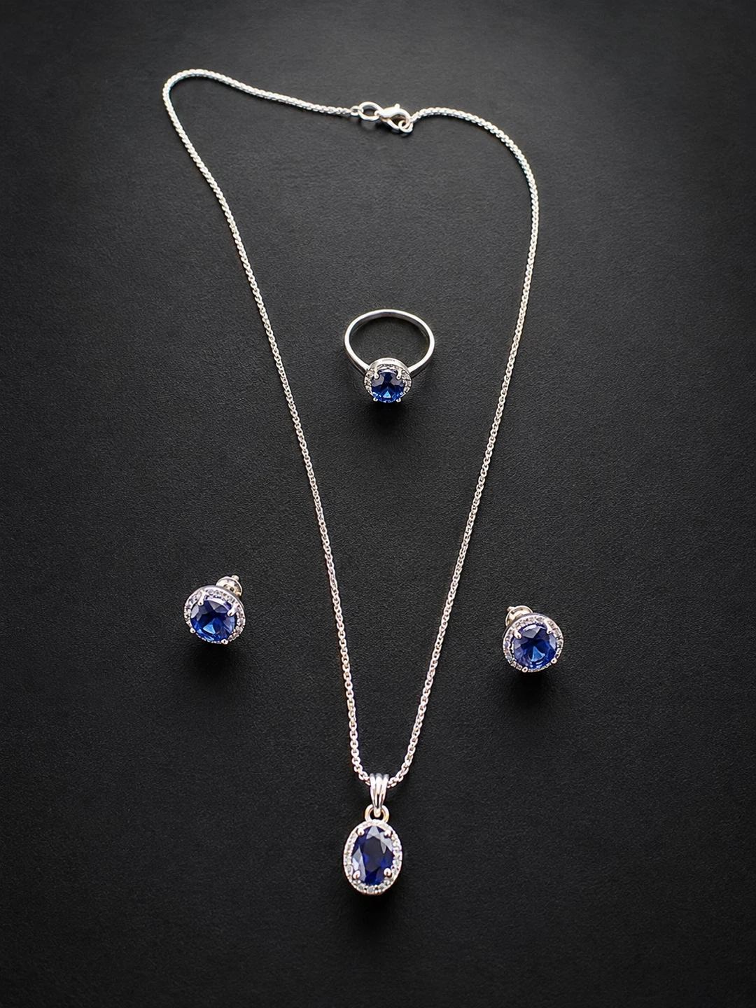 Sterling Silver Blue Jewelry Set - Necklace, Ring & Earrings