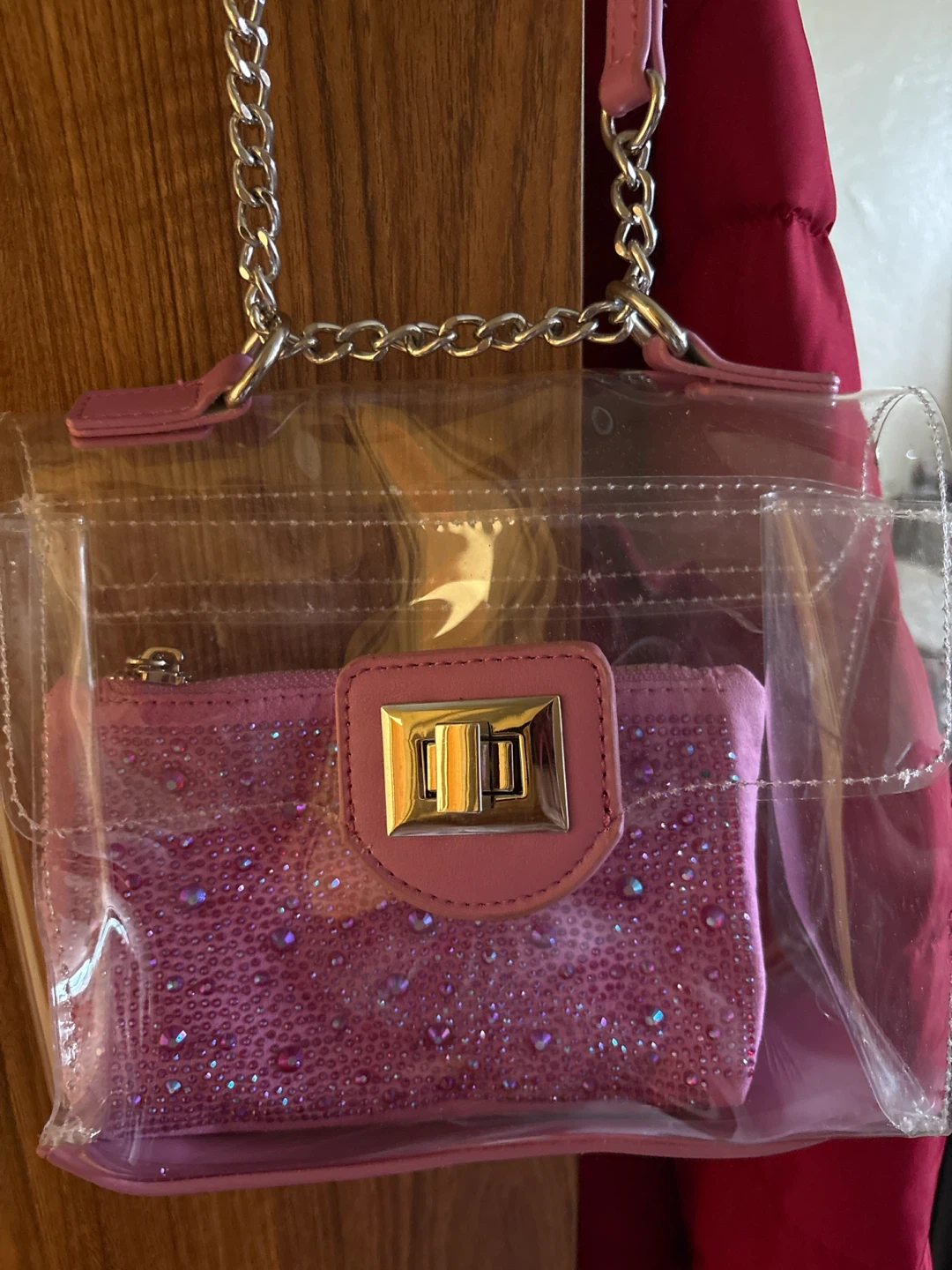 Steve Madden Clear Bag with Pink Rhinestone Pouch