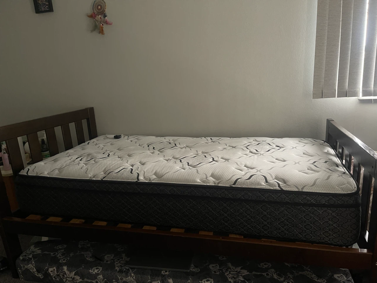 Dark Brown Wooden Bed Frame and Mattress