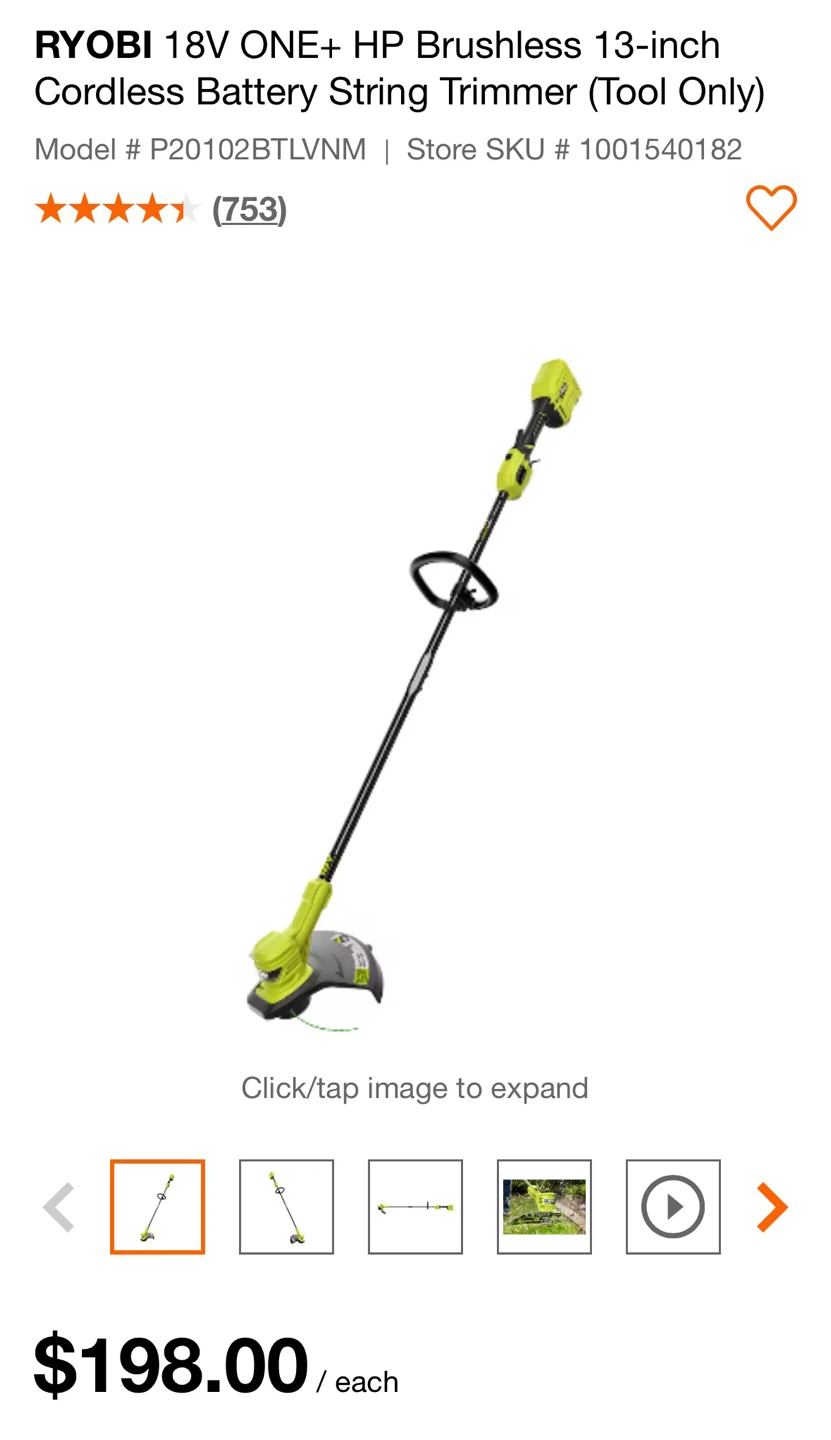 RYOBI 18V ONE+ HP Brushless 13” String Trimmer (tool only)