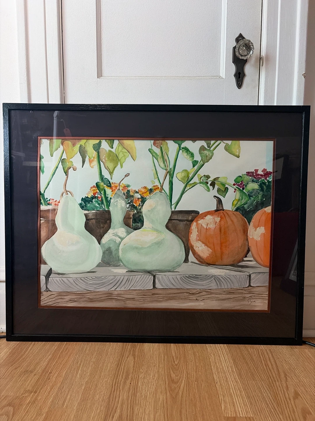 Still Life of Squash & Pumpkins on Wooden Surface  (Signed)