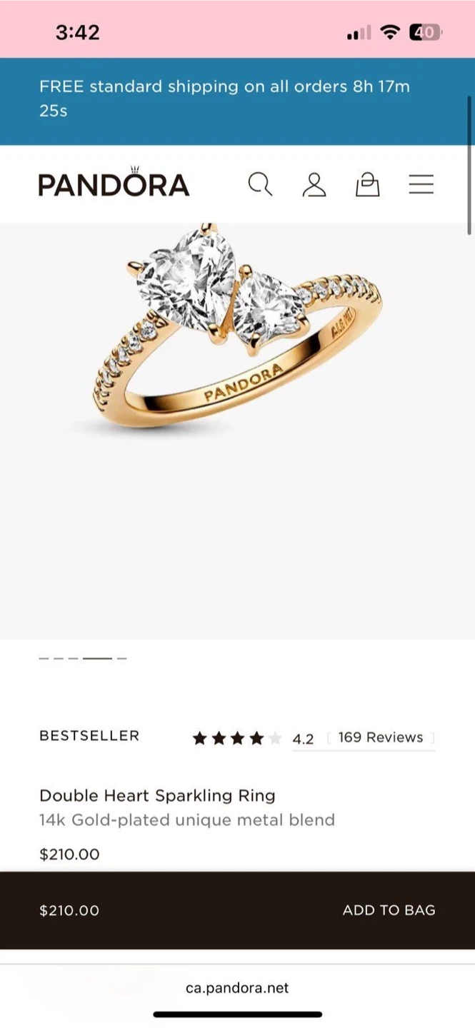 Pandora Double Heart Sparkling Ring