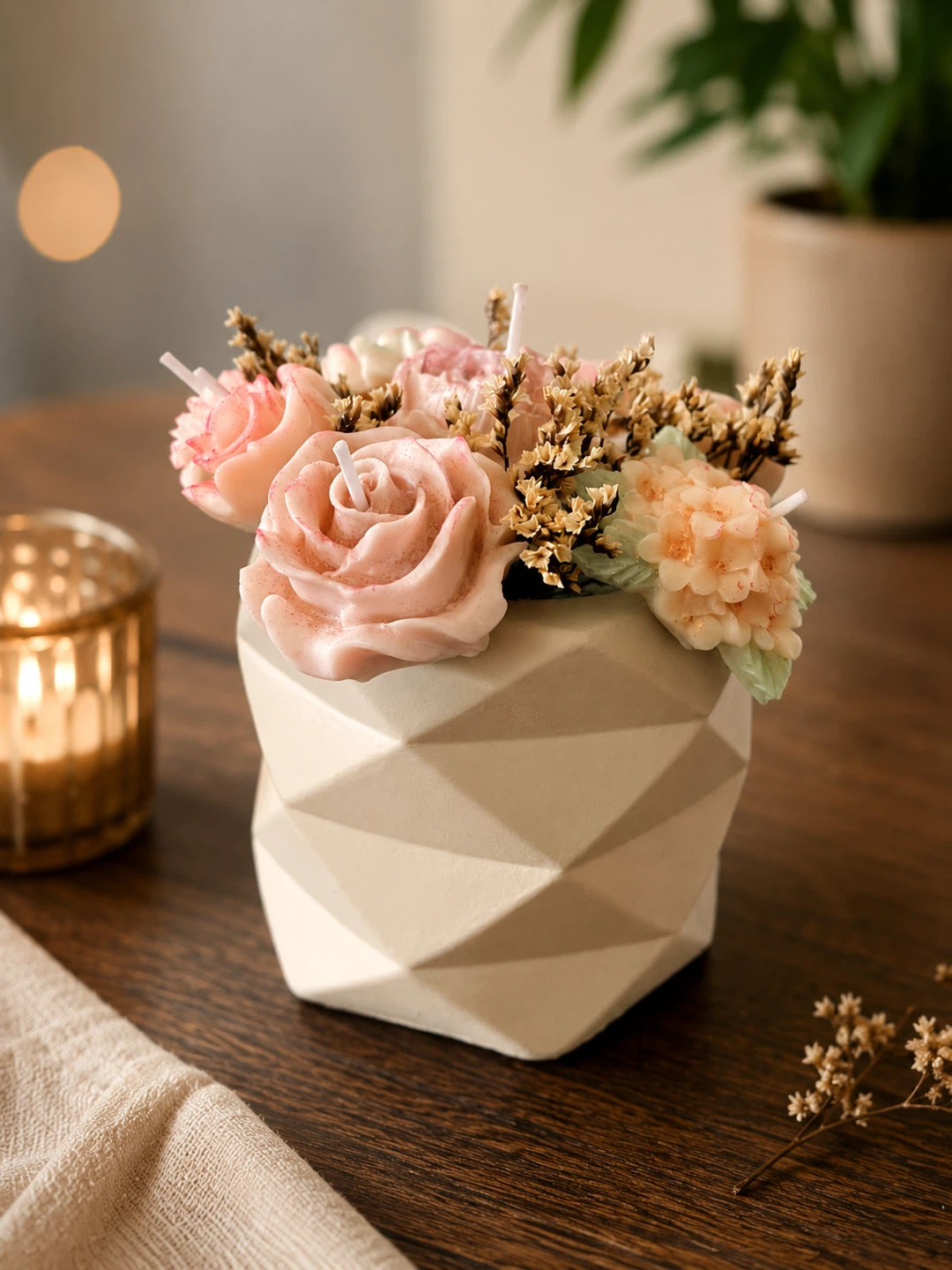 Floral Scented Candle in Geometric Pot