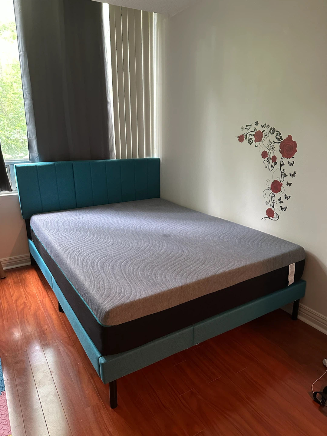 Teal Upholstered Bed Frame with Grey Mattress