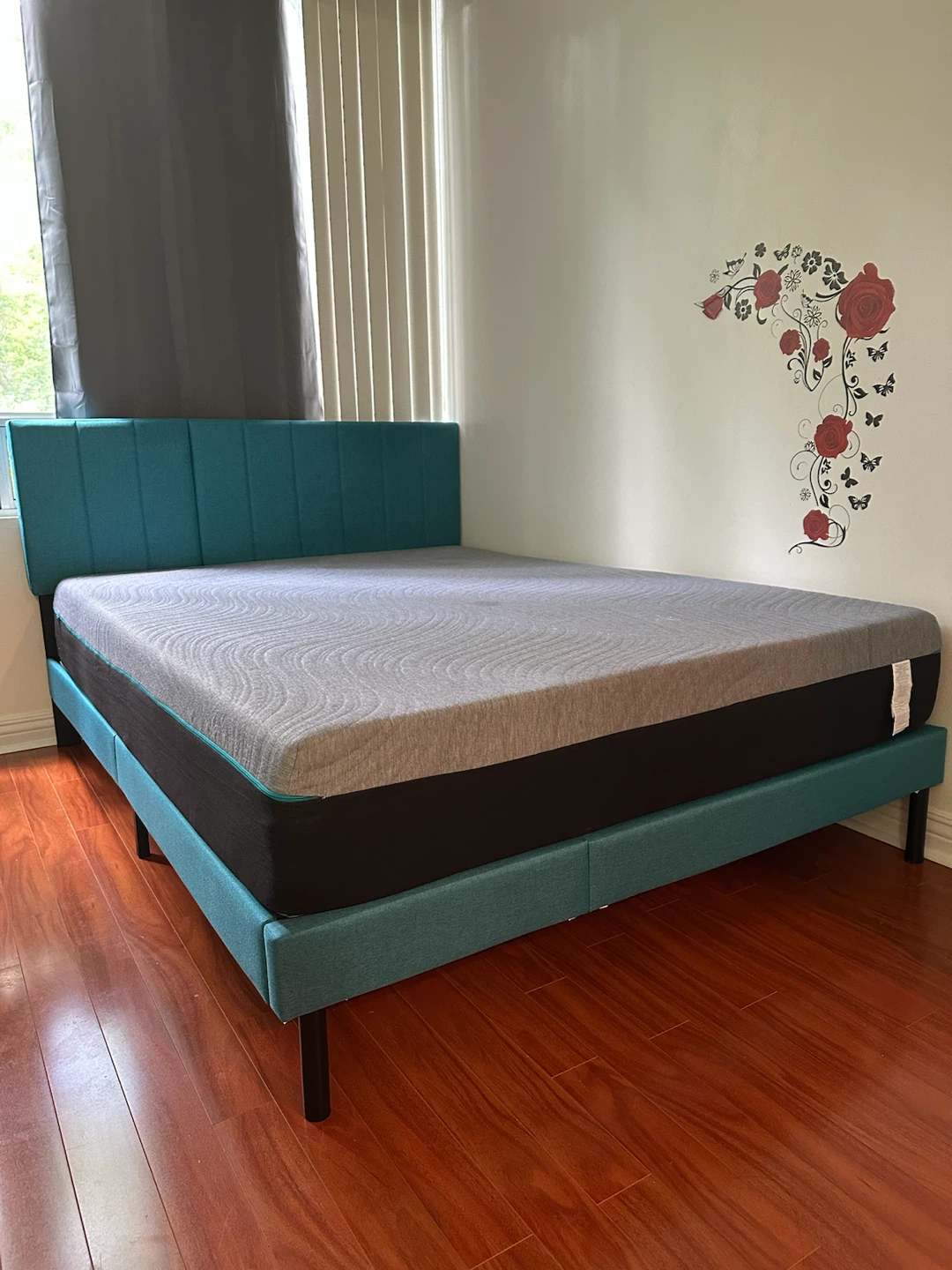 Teal Upholstered Bed Frame with Grey Mattress - photo 2
