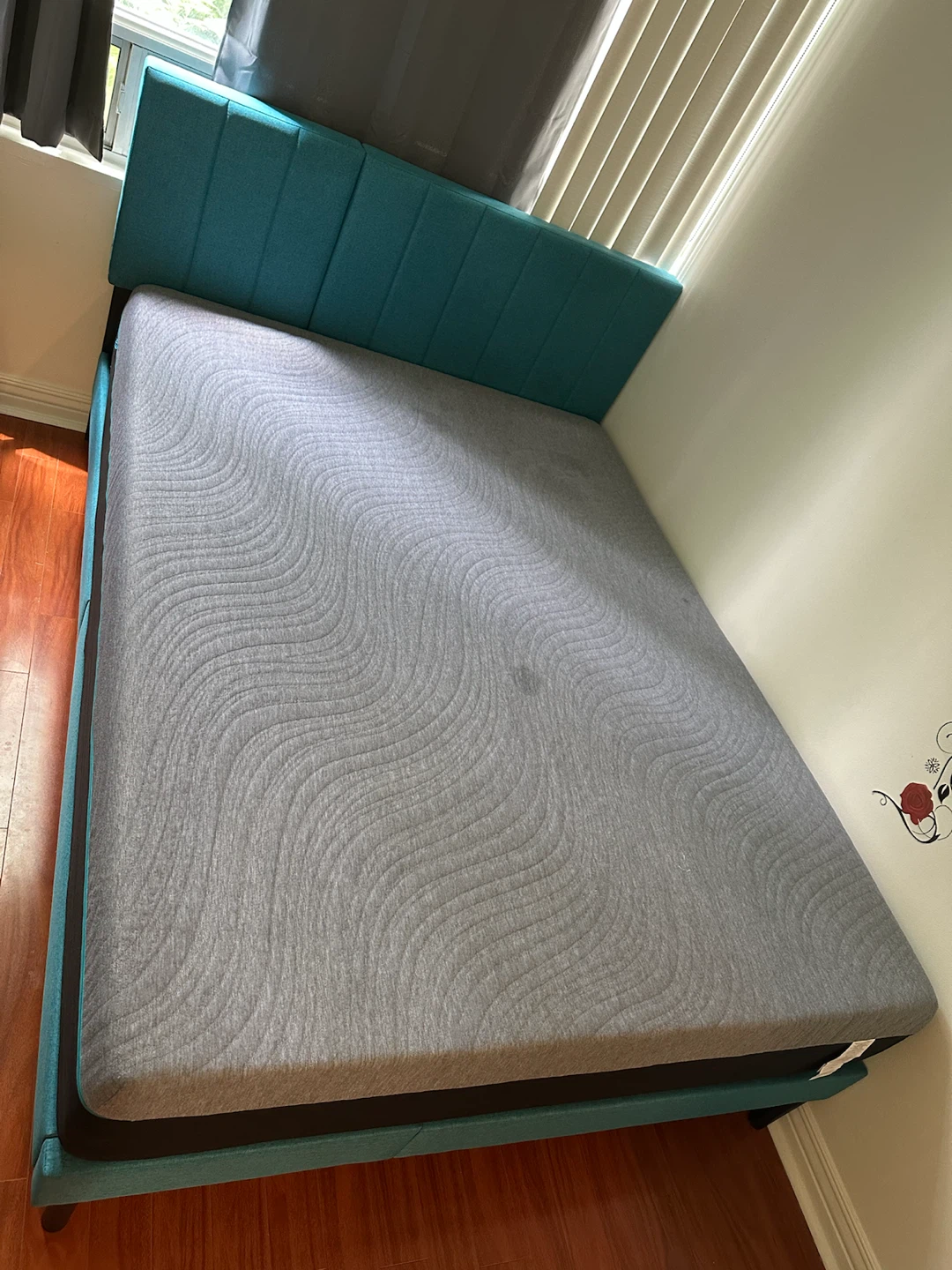 Teal Upholstered Bed Frame with Grey Mattress - photo 3