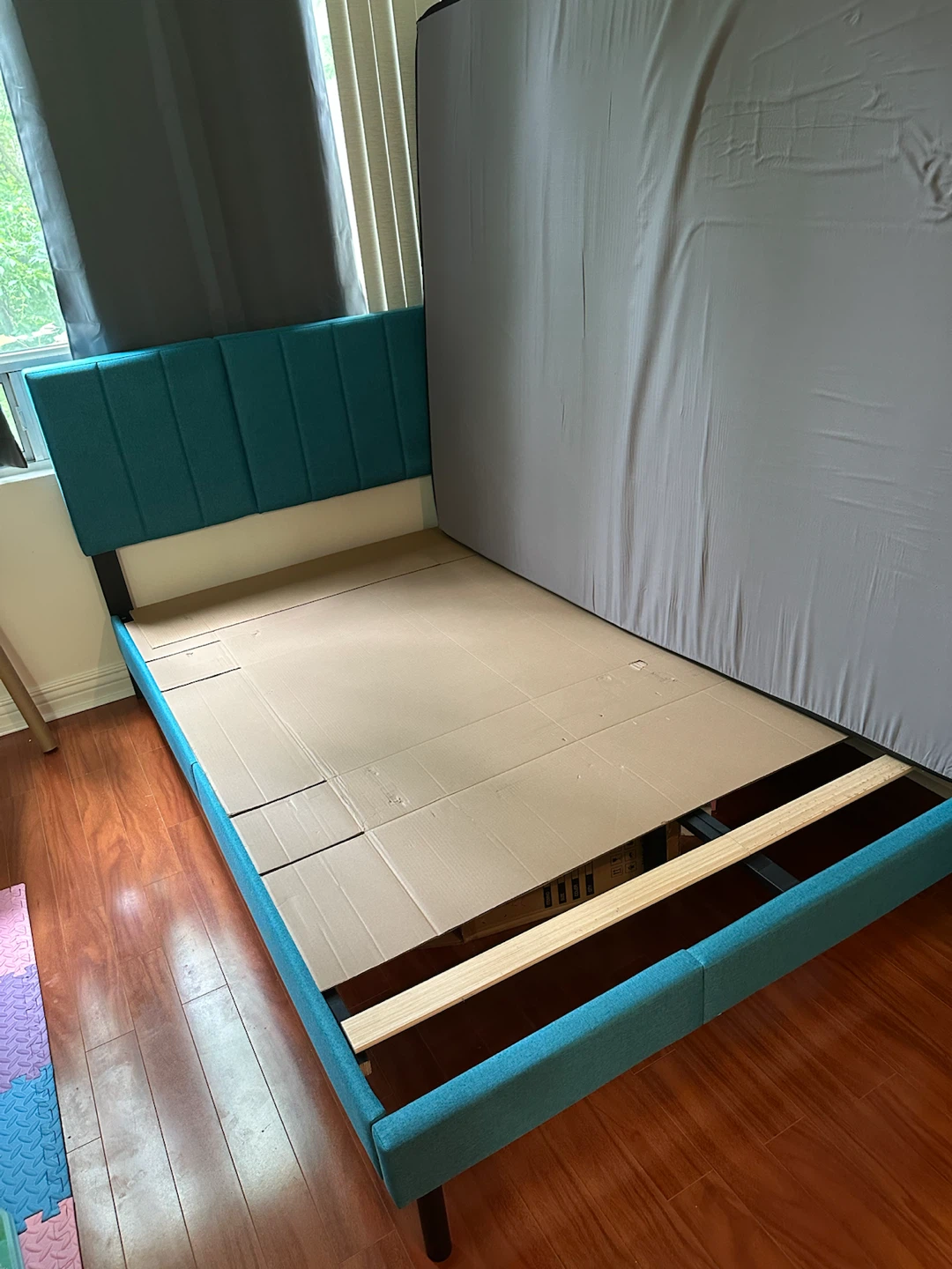Teal Upholstered Bed Frame with Grey Mattress - photo 4