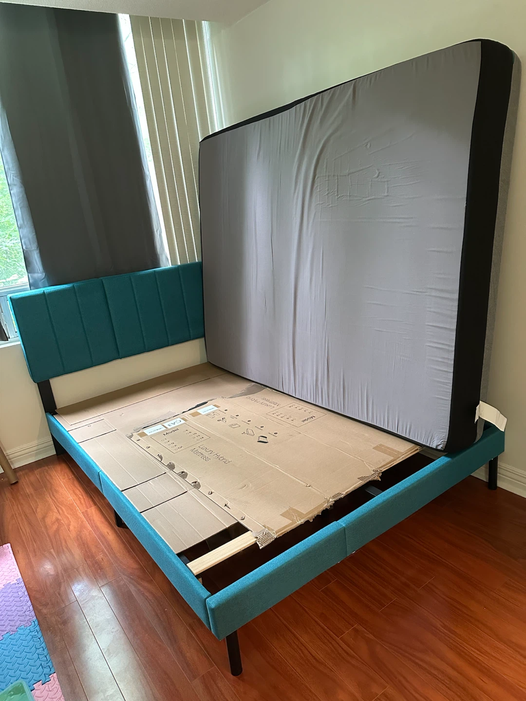 Teal Upholstered Bed Frame with Grey Mattress - photo 5