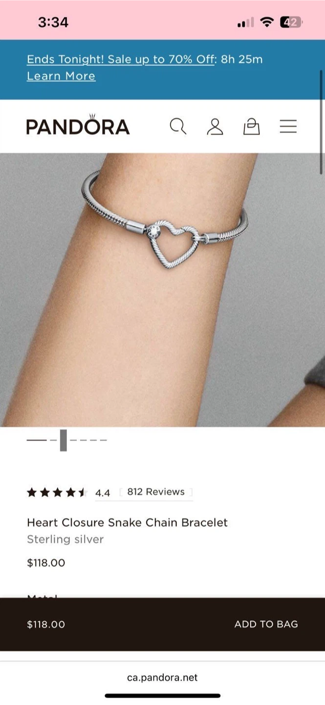 Pandora Heart Closure Snake Chain Bracelet Sterling Silver